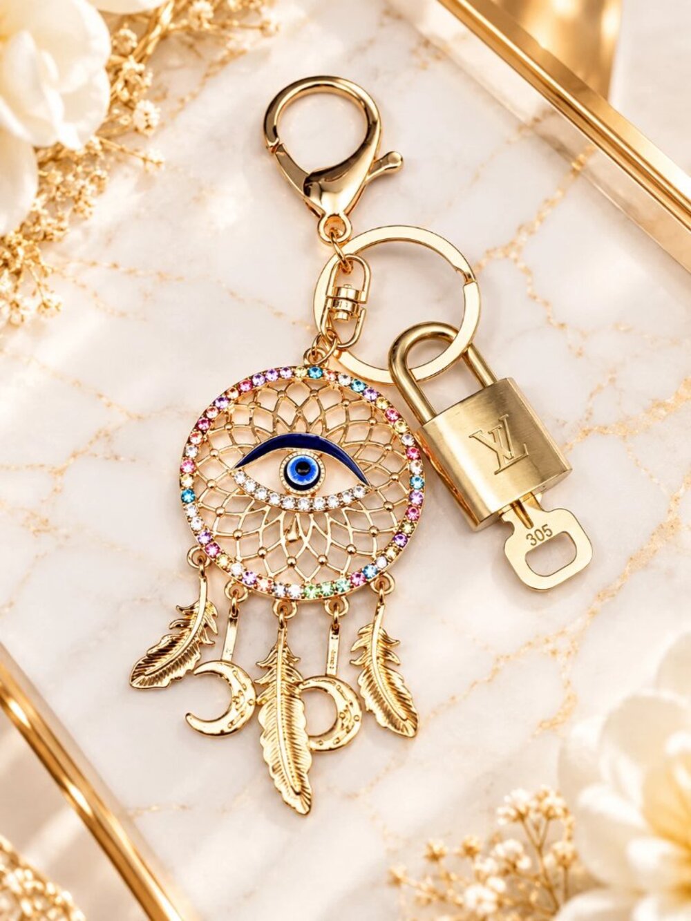 Authentic LV Gold Padlock & Key Set ✨ Luxury Bag Charm w/ Unbranded Keychain